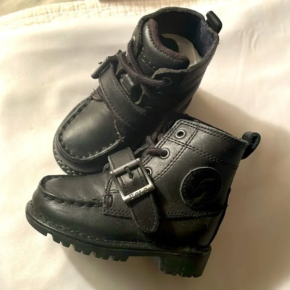 POLO BY RALPH LAUREN black leather ranger boots. New